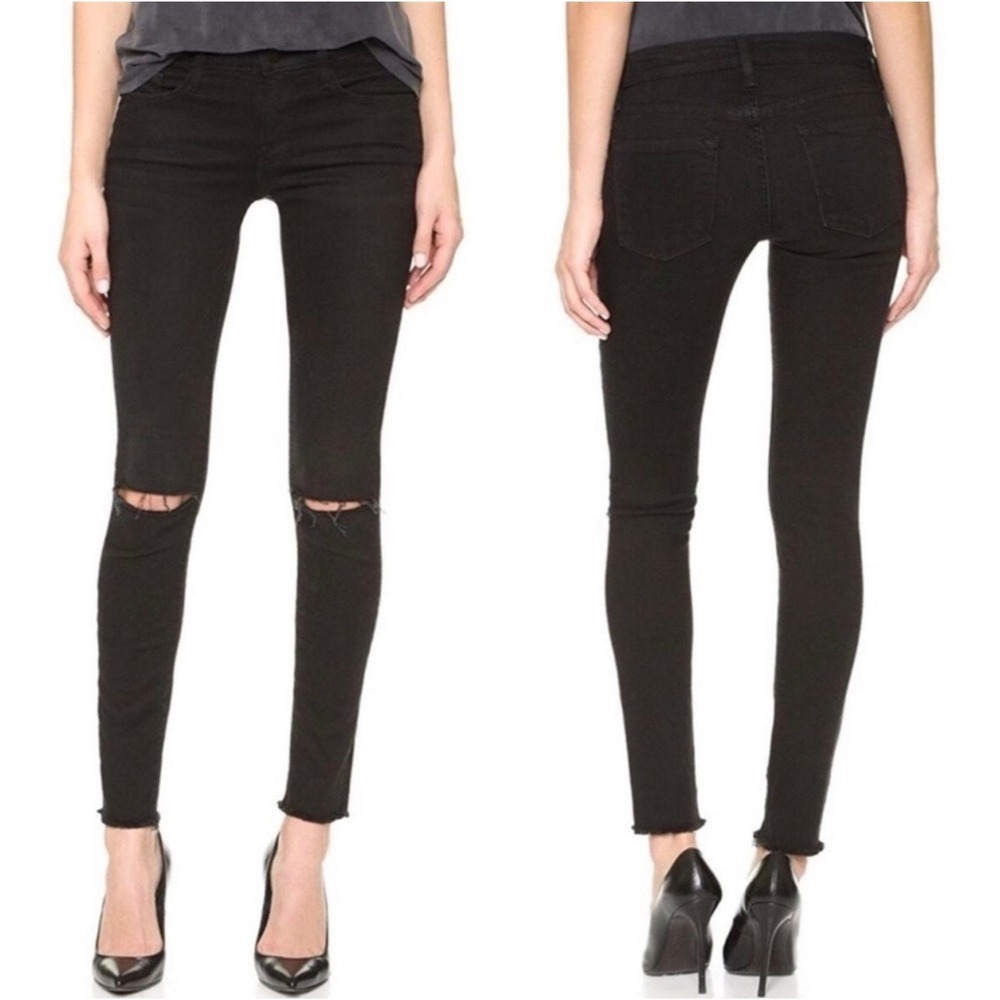 FRAME Denim Le Skinny De Jeanne Black Noir Rips Distressed Jeans Size 25‎